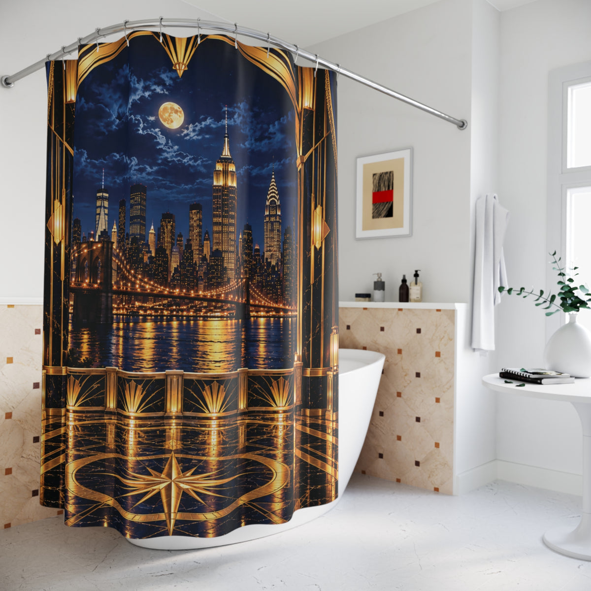 Midnight in Manhattan – Navy Blue & Gold NYC Skyline Shower Curtain | Luxury Art Deco Bathroom Décor