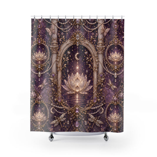A shower curtain featuring an ornate, baroque-style celestial pattern with gold lotus flowers, moons, butterflies, and dragonflies on a dark purple background, shown hanging from a white rod with silver hooks.