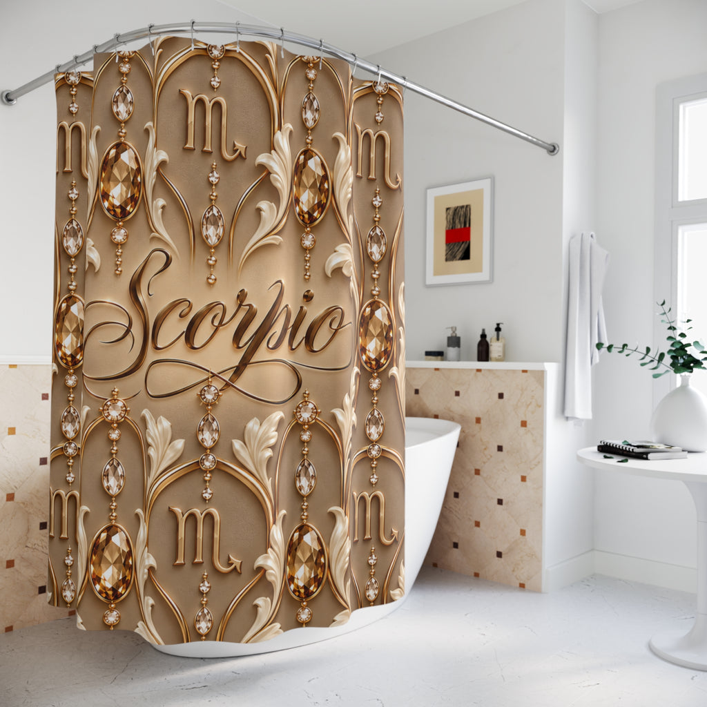 A luxury shower curtain featuring a gold and beige Art Deco design with the word 'Scorpio' and monogram 'm' motifs, hanging in a bright, modern bathroom.