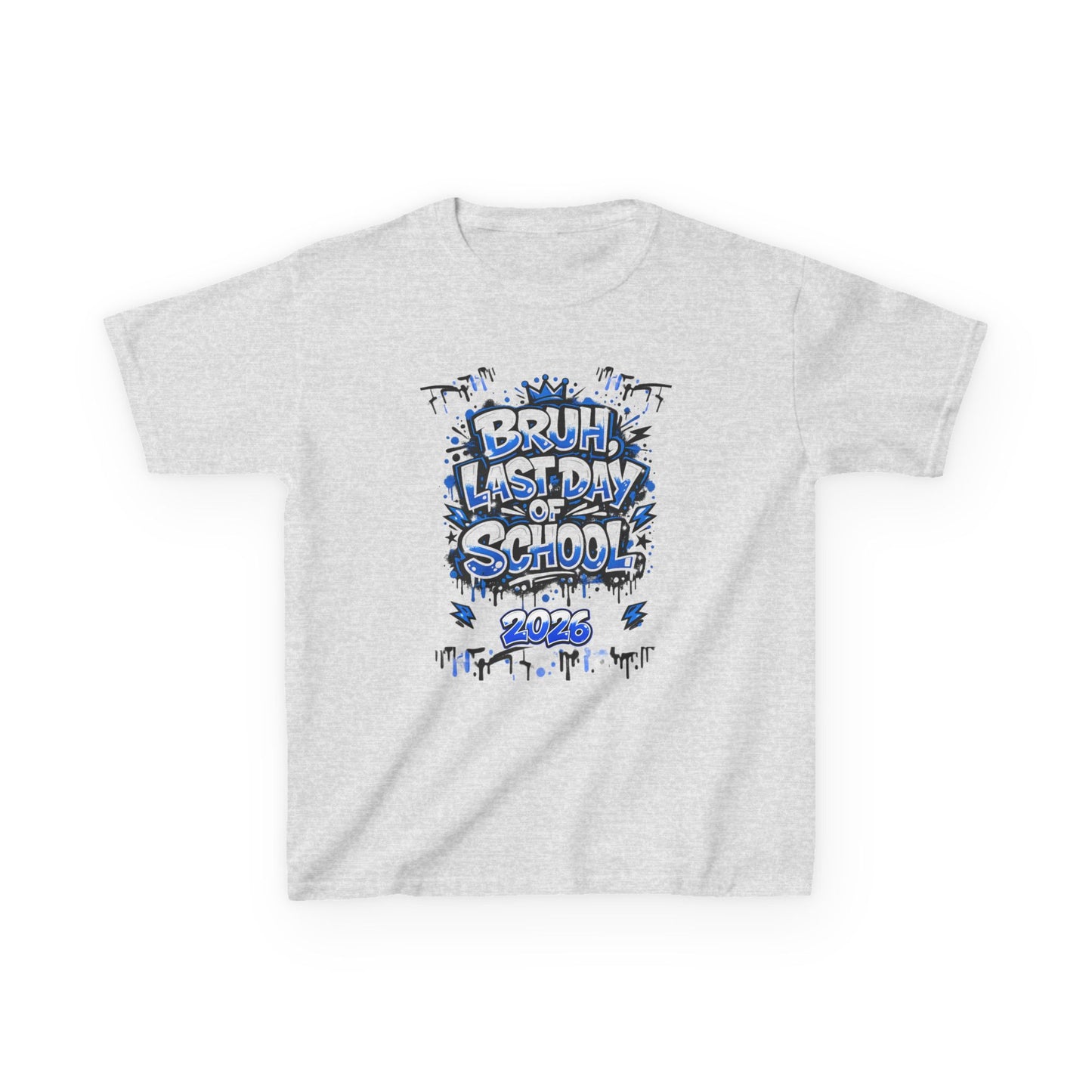 Gray t-shirt with colorful 'Bruh, Last Day of School' graphic design on a white background