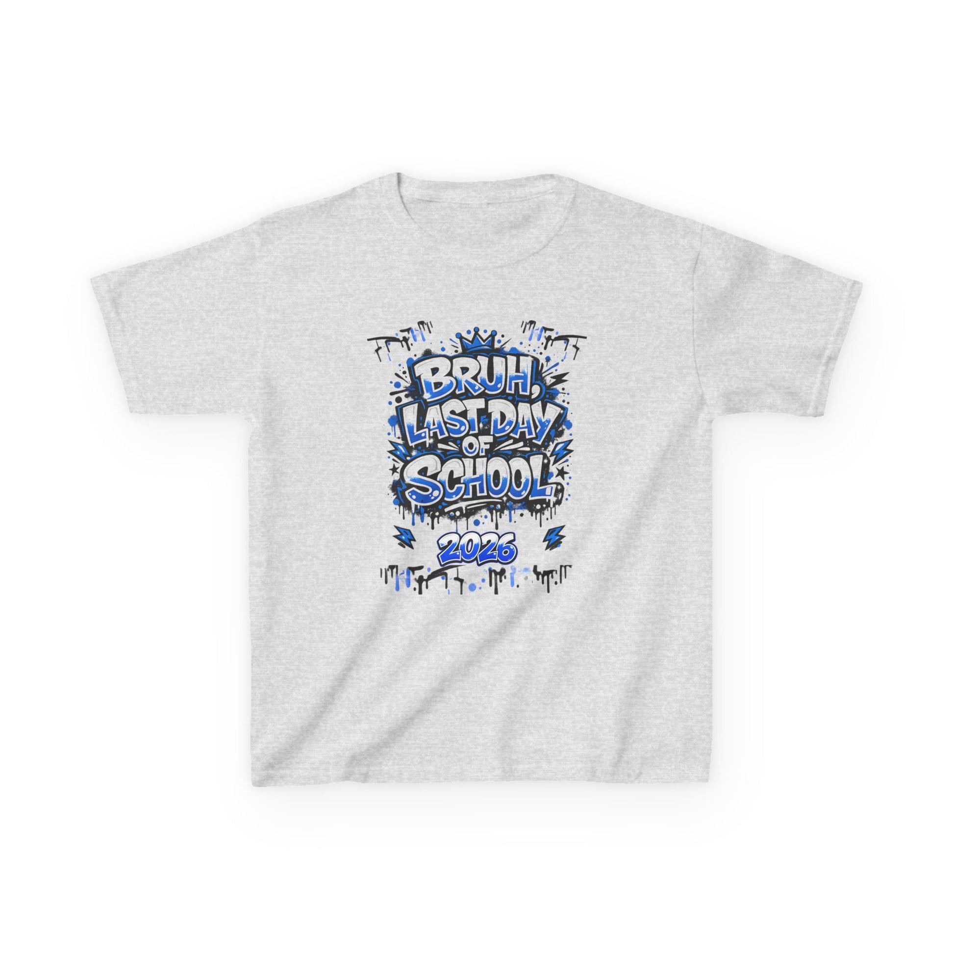 Gray t-shirt with colorful 'Bruh, Last Day of School' graphic design on a white background