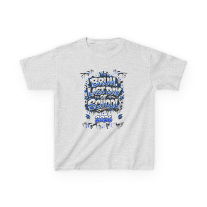 Gray t-shirt with colorful 'Bruh, Last Day of School' graphic design on a white background