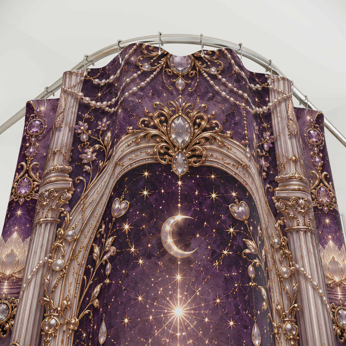 A decorative arch-shaped  shower curtain with an ornate celestial design in purple, gold, and cream. The pattern features a crescent moon, stars, pearl-like beads, and baroque-style columns.