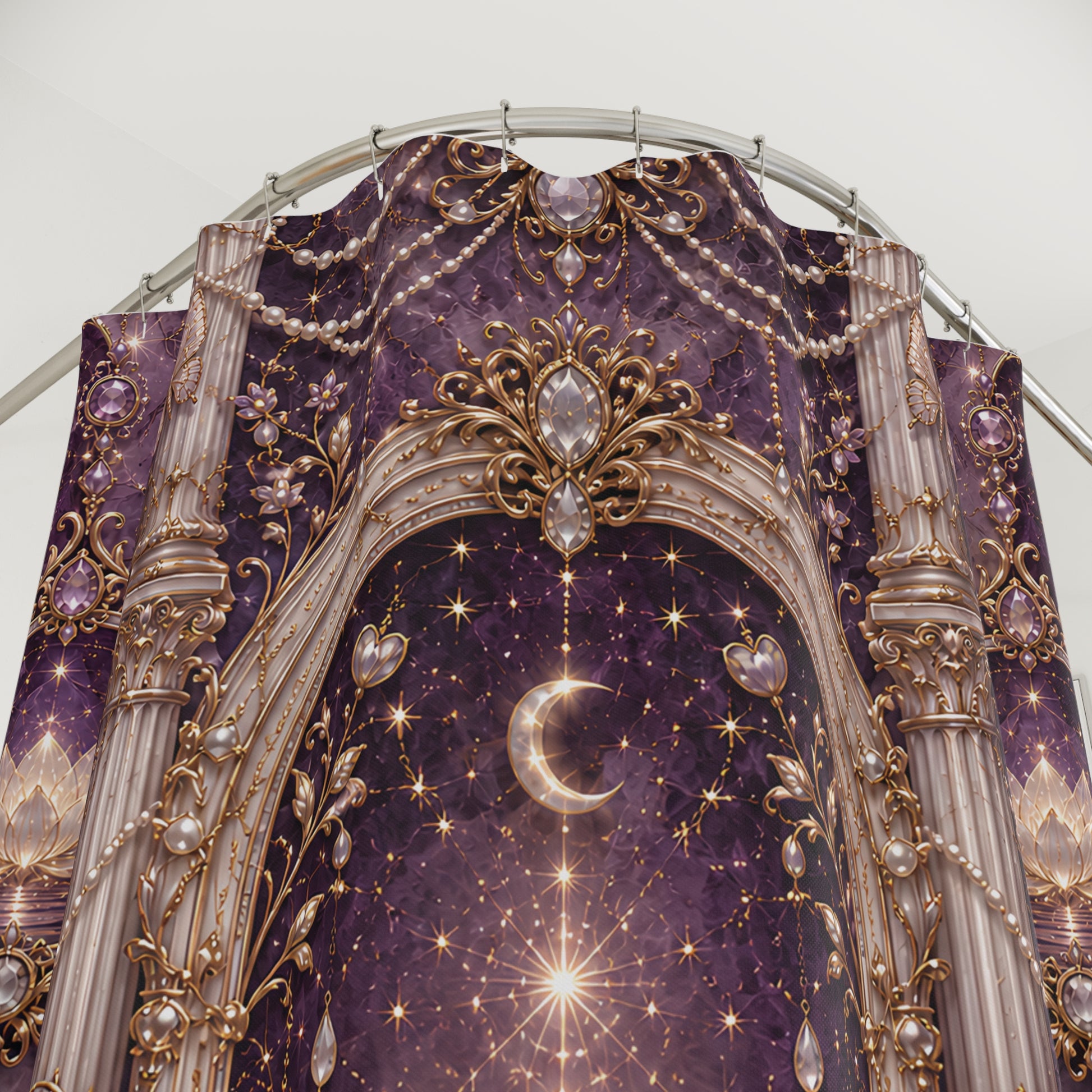 A decorative arch-shaped  shower curtain with an ornate celestial design in purple, gold, and cream. The pattern features a crescent moon, stars, pearl-like beads, and baroque-style columns.