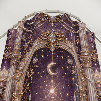 A decorative arch-shaped  shower curtain with an ornate celestial design in purple, gold, and cream. The pattern features a crescent moon, stars, pearl-like beads, and baroque-style columns.