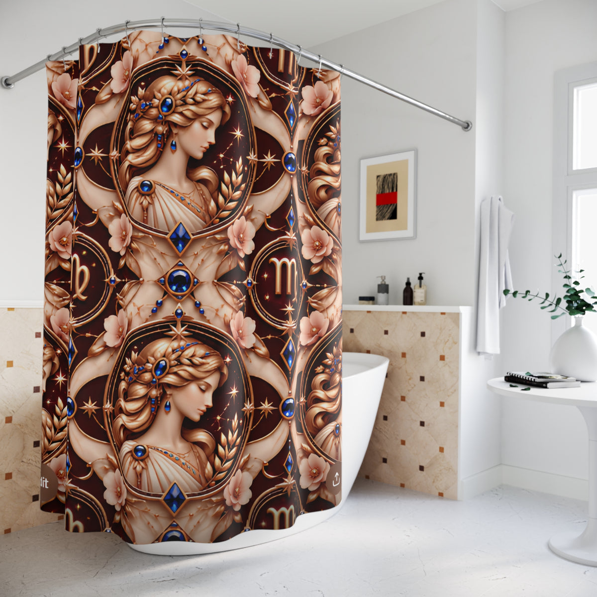 A decorative shower curtain hanging in a bright bathroom. The curtain features an ornate Art Nouveau-style design with two classical female portraits, floral motifs, stars, and zodiac symbols in warm brown, beige, and blush tones with small blue gem accents.