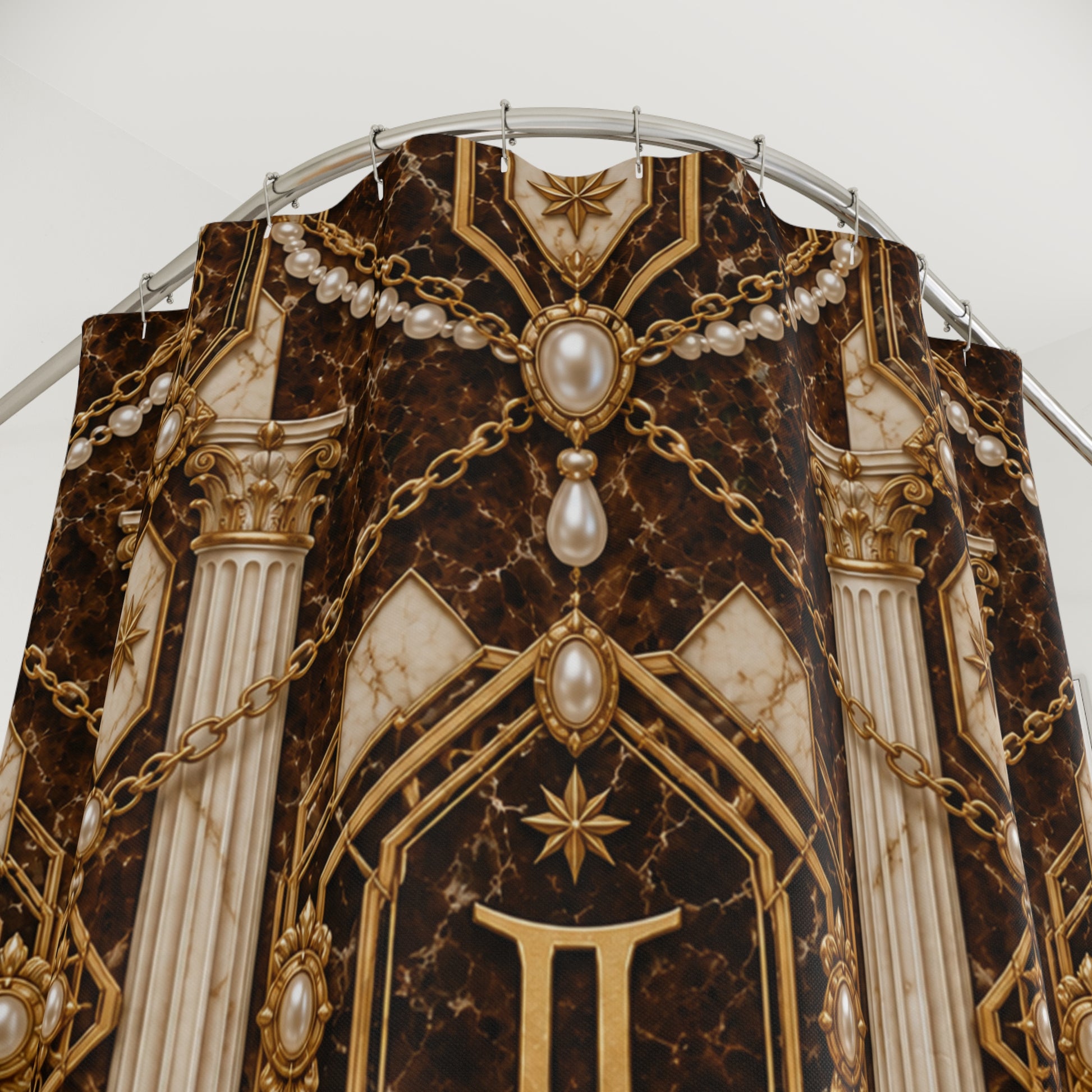 Decorative shower curtain with intricate design featuring columns, chains, and pearls on a dark background. Gemini zodiac pattern.