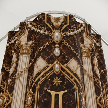 Decorative shower curtain with intricate design featuring columns, chains, and pearls on a dark background. Gemini zodiac pattern.