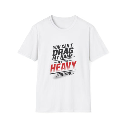 White t-shirt with black and red text on a white background