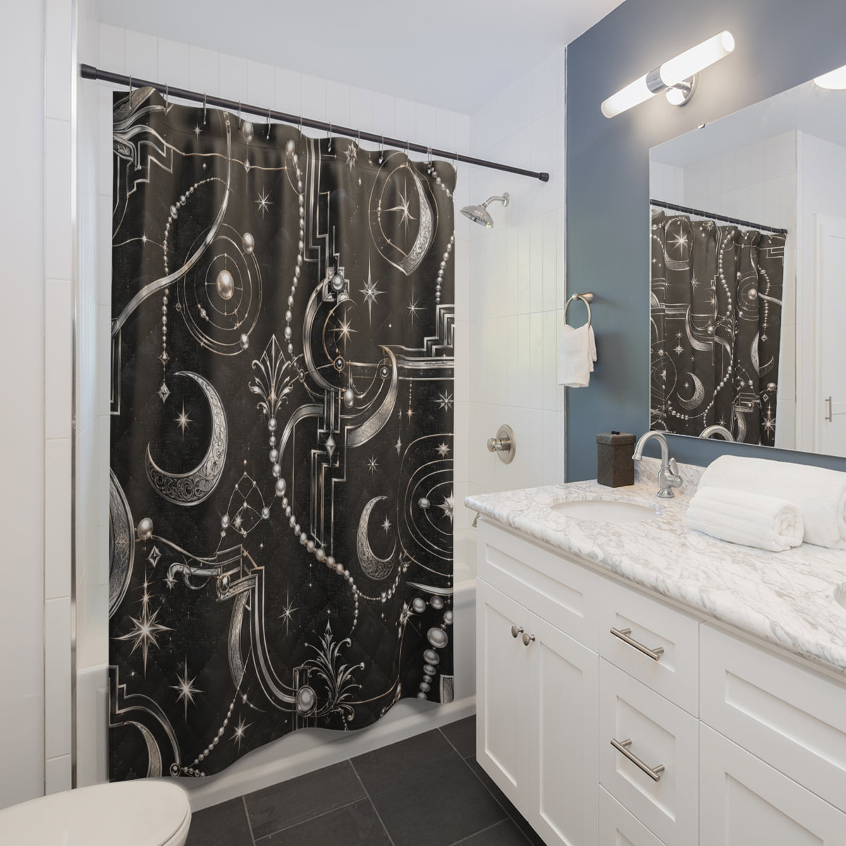 Bathroom with floral shower curtain, white vanity, and mirror.