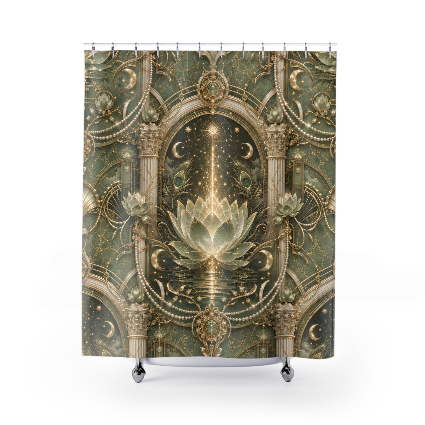 Lotus Arch Shower Curtain — Mystical Green Lotus & Starfall Bathroom Decor