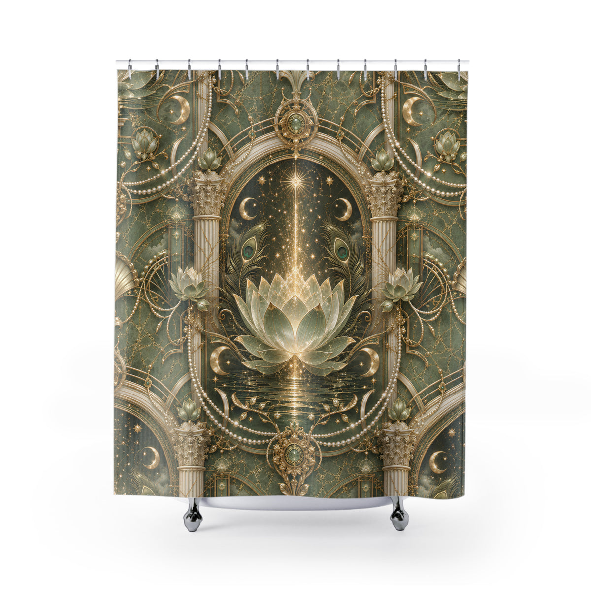 A shower curtain featuring an ornate, symmetrical baroque-style design in muted green and gold, with a central lotus flower motif, shown hanging from a white rod with silver hooks against a plain white background.