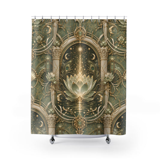 A shower curtain featuring an ornate, symmetrical baroque-style design in muted green and gold, with a central lotus flower motif, shown hanging from a white rod with silver hooks against a plain white background.