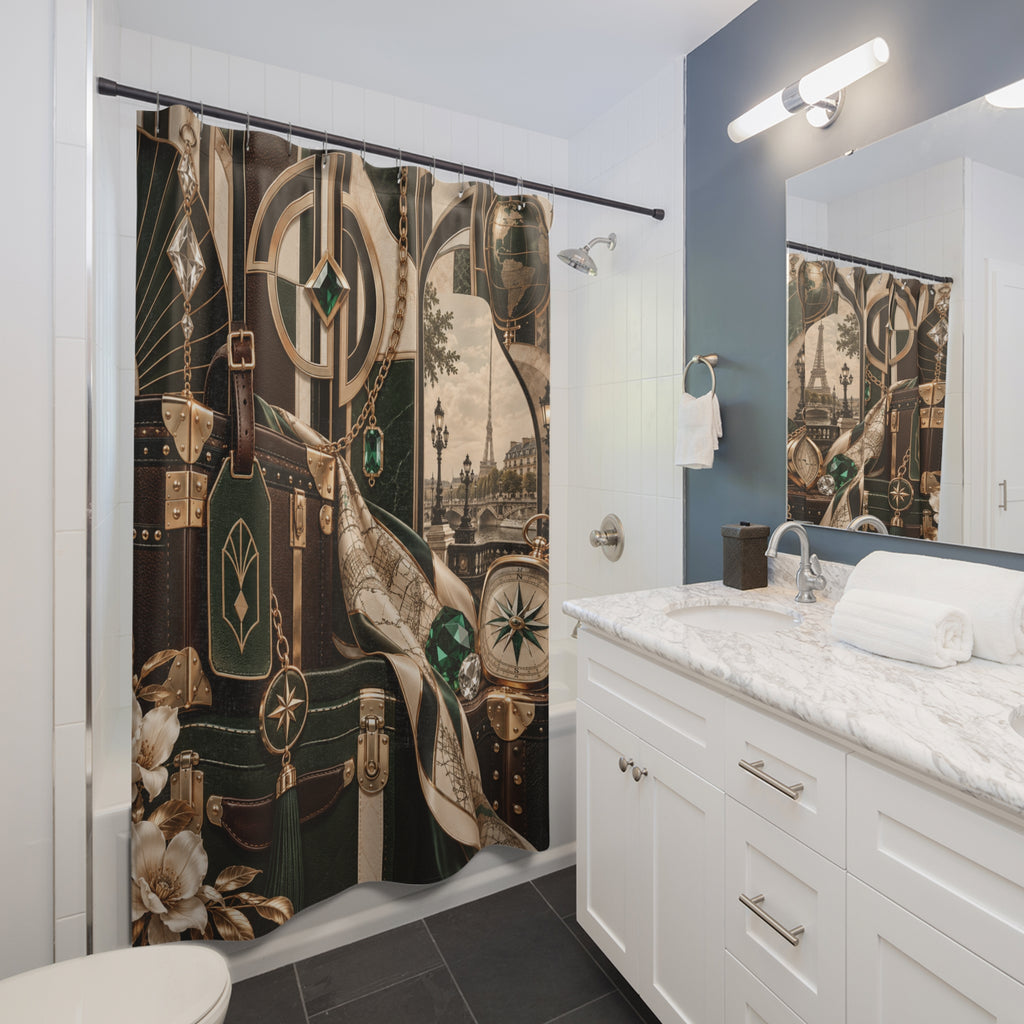 A vintage-style Art Deco shower curtain hanging in a modern white and blue-gray bathroom. The curtain features an Art Deco design with green, beige, and brown tones, including suitcases, a champagne bottle, a compass rose, and palm trees.