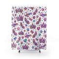 Shower curtain with colorful high heels, crowns, and 'Queen' text pattern on a white background