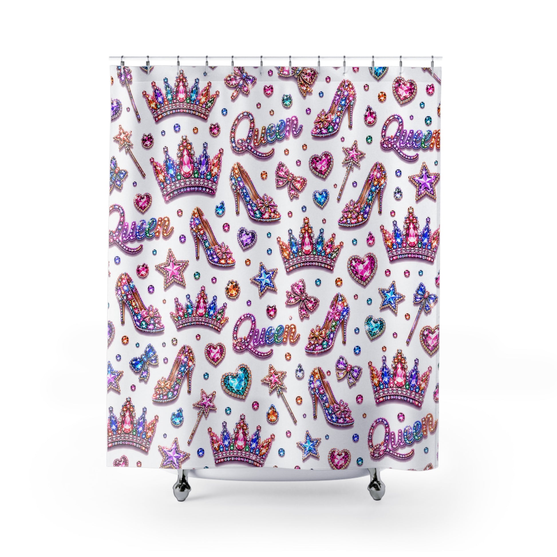 Shower curtain with colorful high heels, crowns, and 'Queen' text pattern on a white background