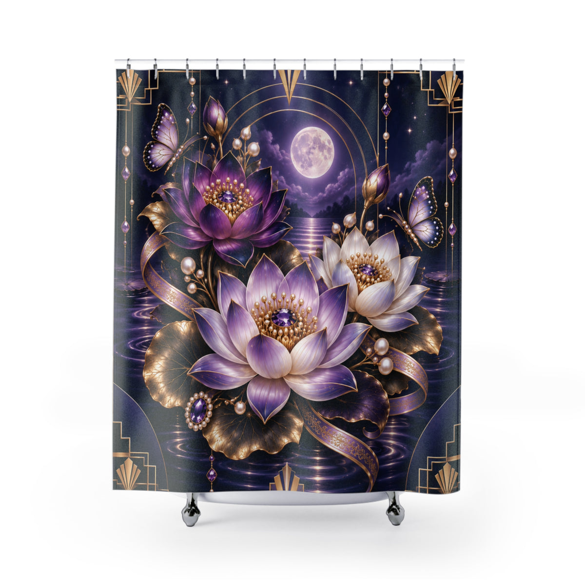 Moonlit Lotus Shower Curtain — Purple Floral, Mystical Moonbath Bathroom Decor