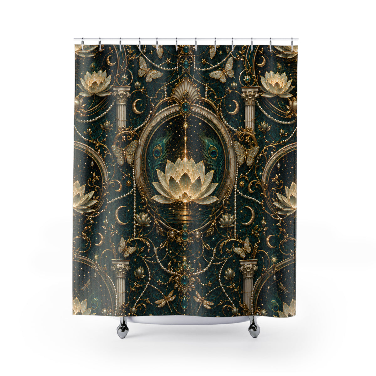 A shower curtain featuring an ornate baroque-style pattern with gold lotus flowers, columns, moons, and peacock feathers on a dark teal background, shown hanging from silver hooks over a white tub edge.