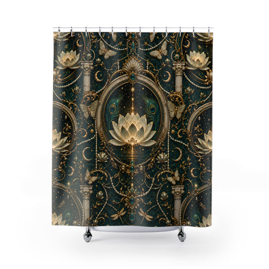 A shower curtain featuring an ornate baroque-style pattern with gold lotus flowers, columns, moons, and peacock feathers on a dark teal background, shown hanging from silver hooks over a white tub edge.