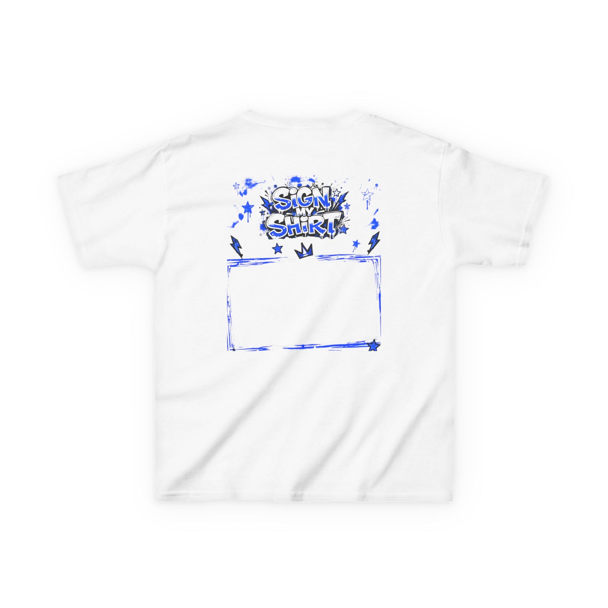 White t-shirt with blue graphic design on a white background