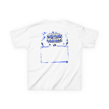 White t-shirt with blue graphic design on a white background
