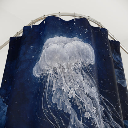 A shower curtain featuring a large white jellyfish design over a dark navy blue background with subtle star-like speckles, hanging from a curved metal rod.