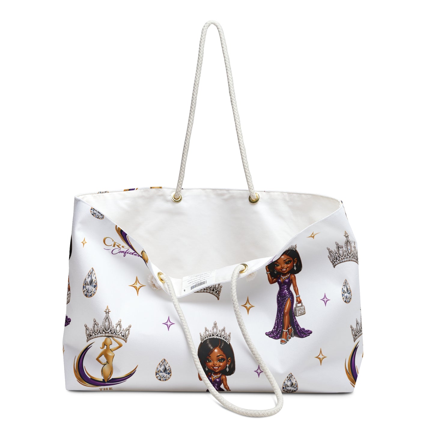 White tote bag with princess-themed design on a white background