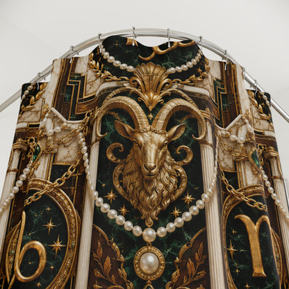 Decorative Capricorn Zodiac shower curtain with a gold ram's head and celestial design on a dark background.