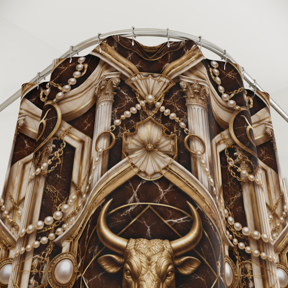 Decorative Taurus zodiac shower curtain with intricate gold and black patter