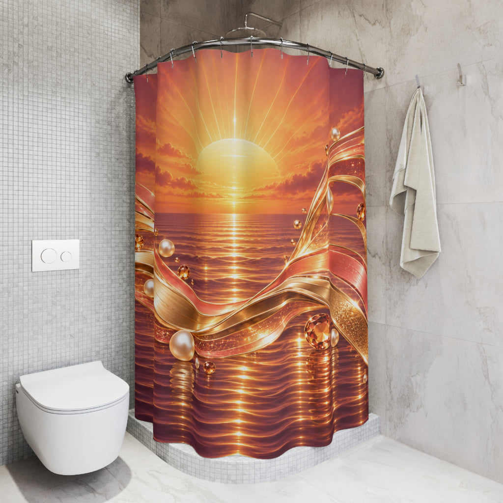 A shower curtain hanging in a modern bathroom, featuring a dramatic sunset ocean scene with glowing orange and gold waves, pearls, and light rays. The bathroom has gray tiled walls, a white toilet, and a folded towel hanging on the wall.
