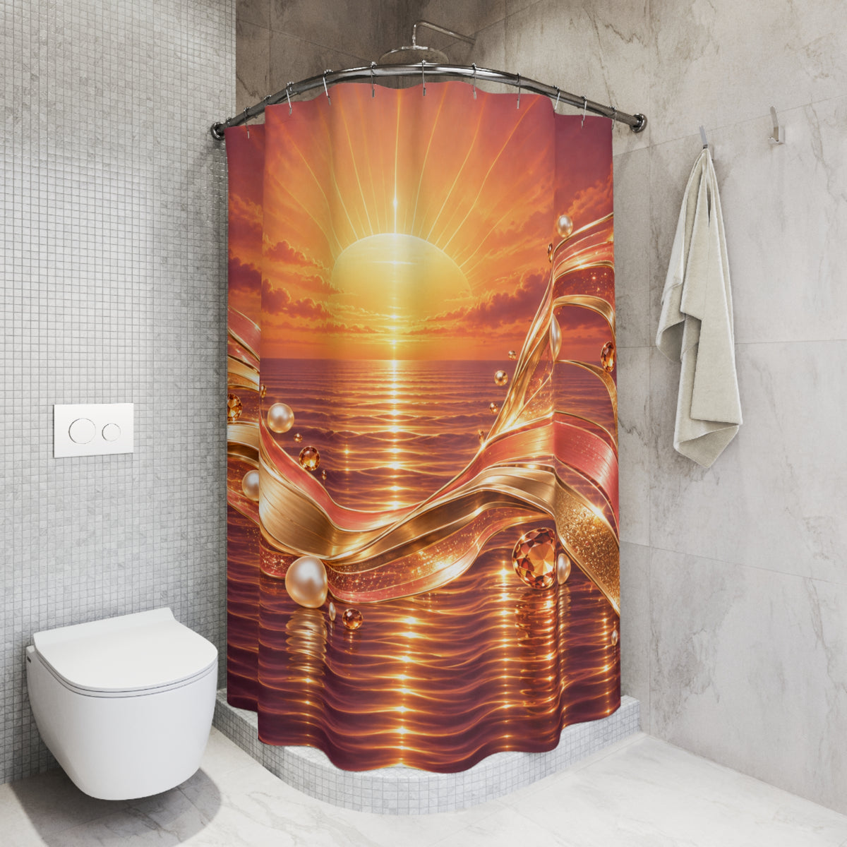 A shower curtain hanging in a modern bathroom, featuring a dramatic sunset ocean scene with glowing orange and gold waves, pearls, and light rays. The bathroom has gray tiled walls, a white toilet, and a folded towel hanging on the wall.