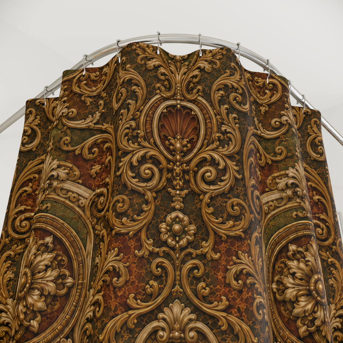 richly detailed Renaissance-patterned shower curtain as the focal point.