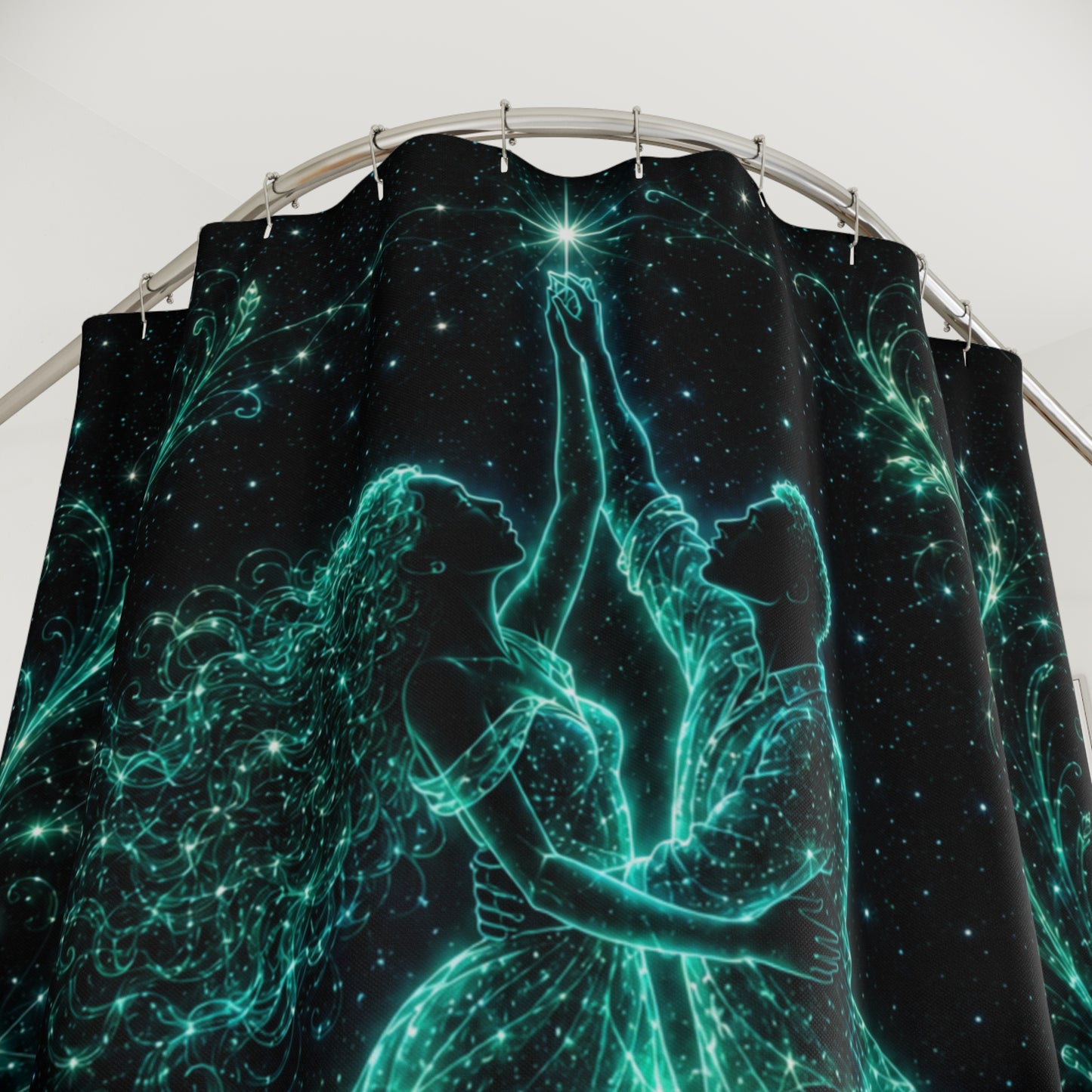 Celestial Dance Shower Curtain — Glowing Star Couple Bathroom Curtain