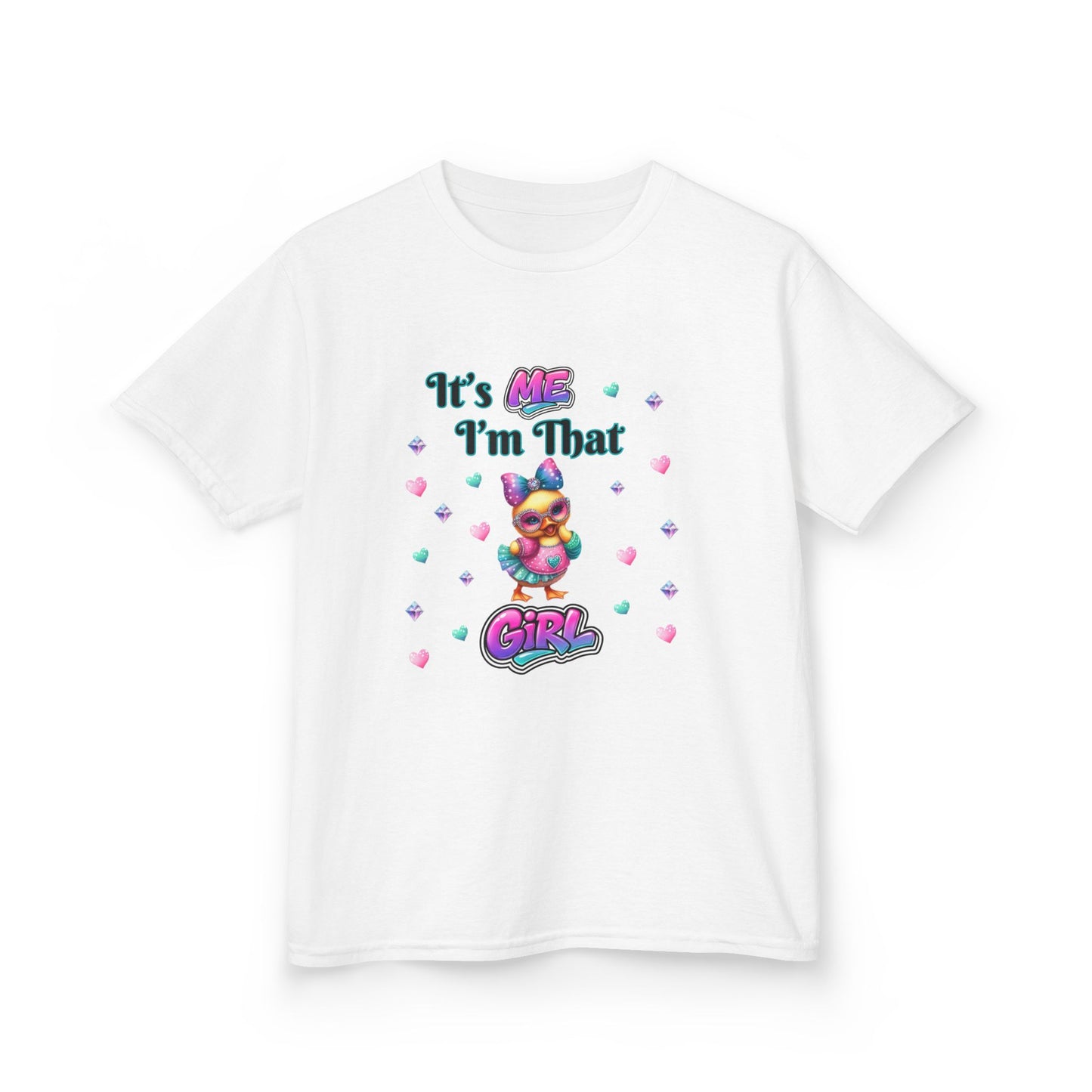 White t-shirt with colorful graphic and text on a white background