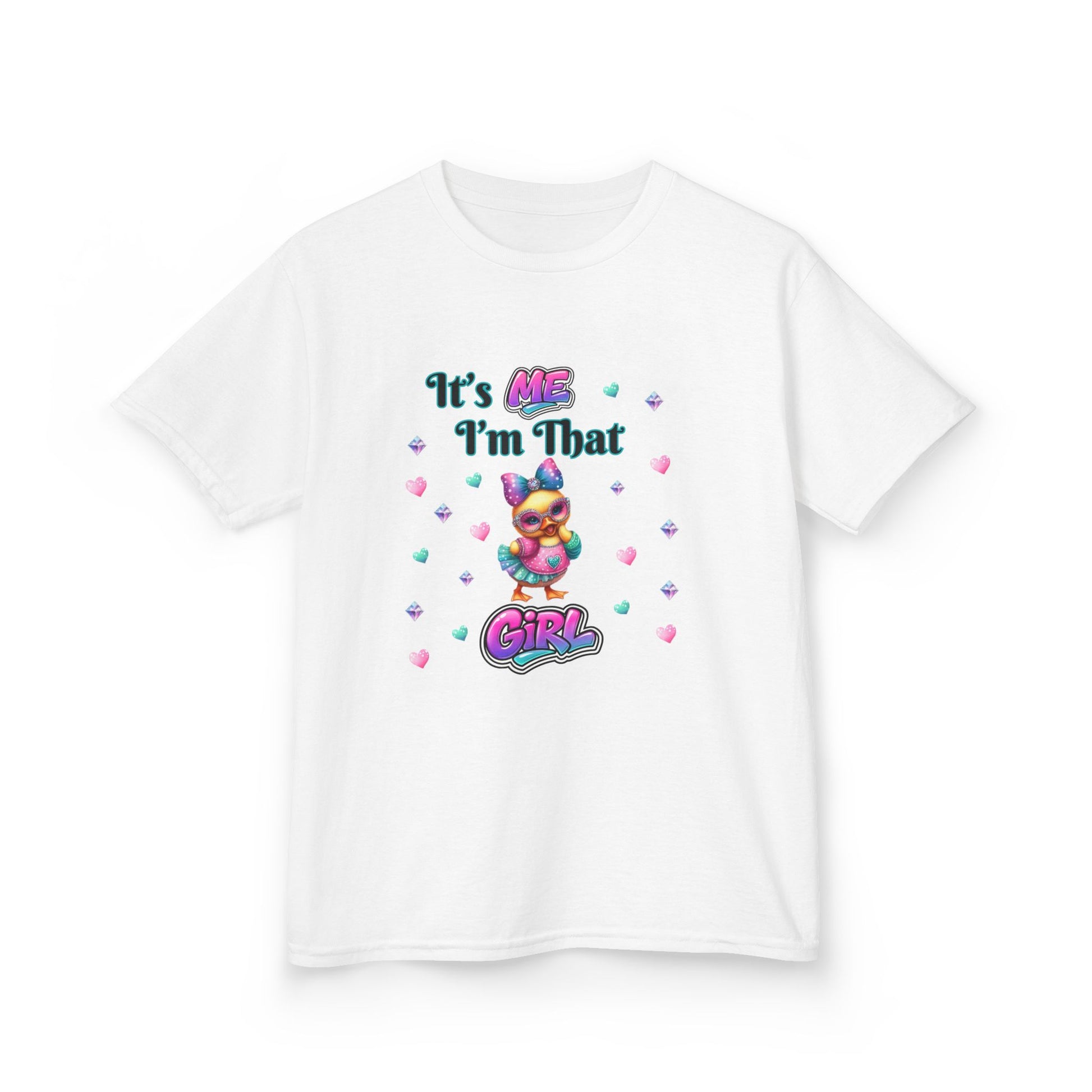 White t-shirt with colorful graphic and text on a white background