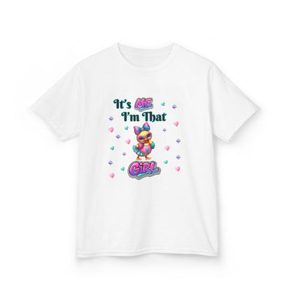 White t-shirt with colorful graphic and text on a white background