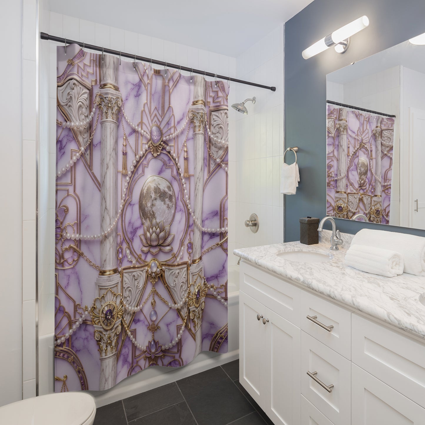 Moonlit Baroque Shower Curtain — Purple Marble, Pearls & Ornate Columns