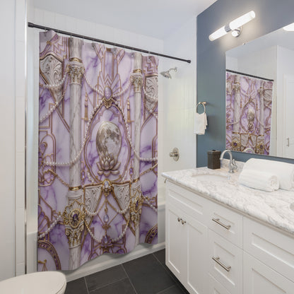 Moonlit Baroque Shower Curtain — Purple Marble, Pearls & Ornate Columns