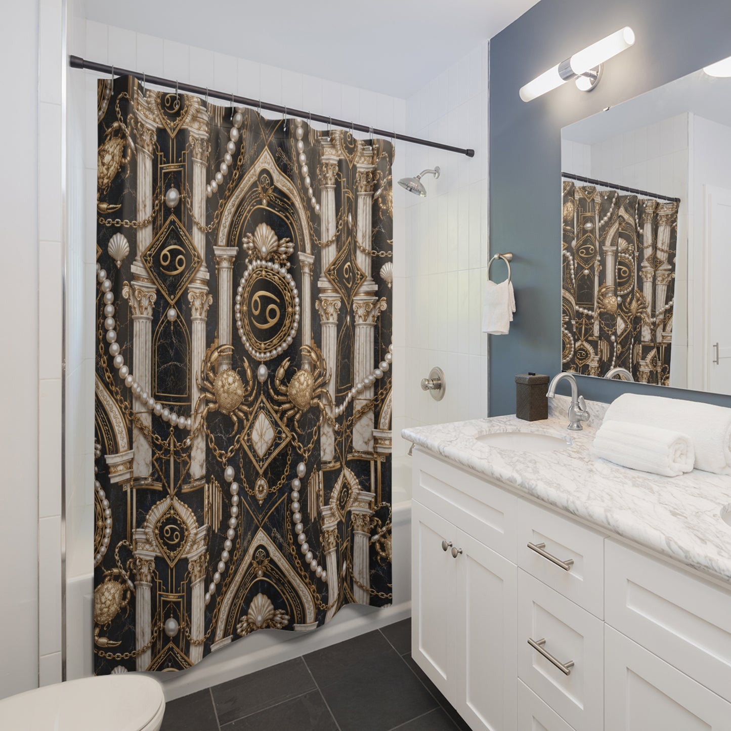 Bathroom with decorative shower curtain, white vanity, and mirror.