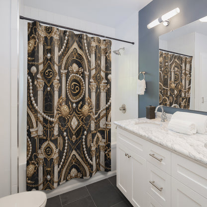Bathroom with decorative shower curtain, white vanity, and mirror.