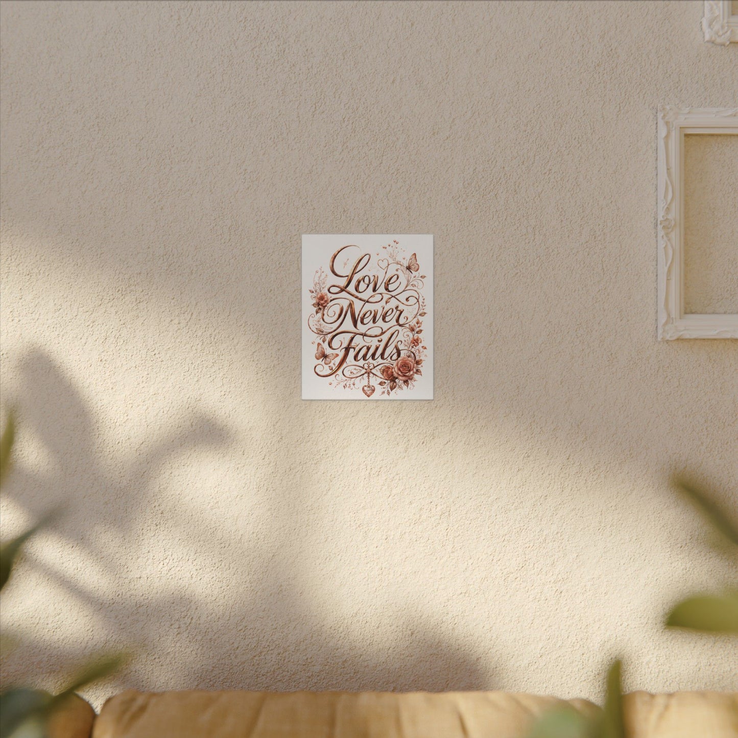 Love Never Fails Floral Canvas Wall Art — Romantic Rose Gold Typography
