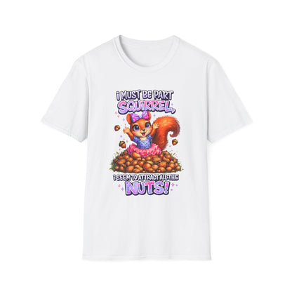 White t-shirt with a cartoon squirrel graphic and text on a white background