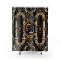 Decorative shower curtain with classical architecture and celestial design on a black background