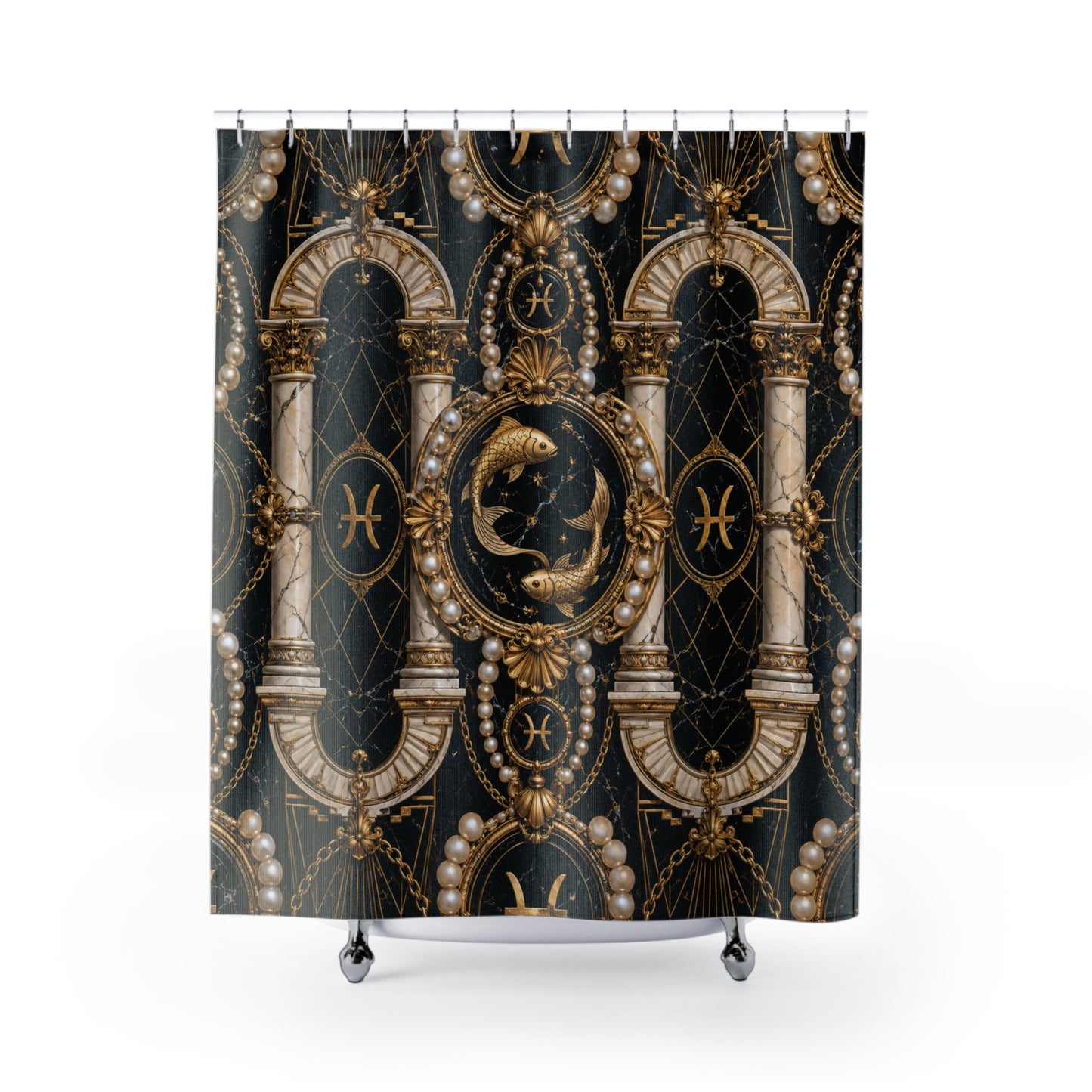 Decorative shower curtain with classical architecture and celestial design on a black background