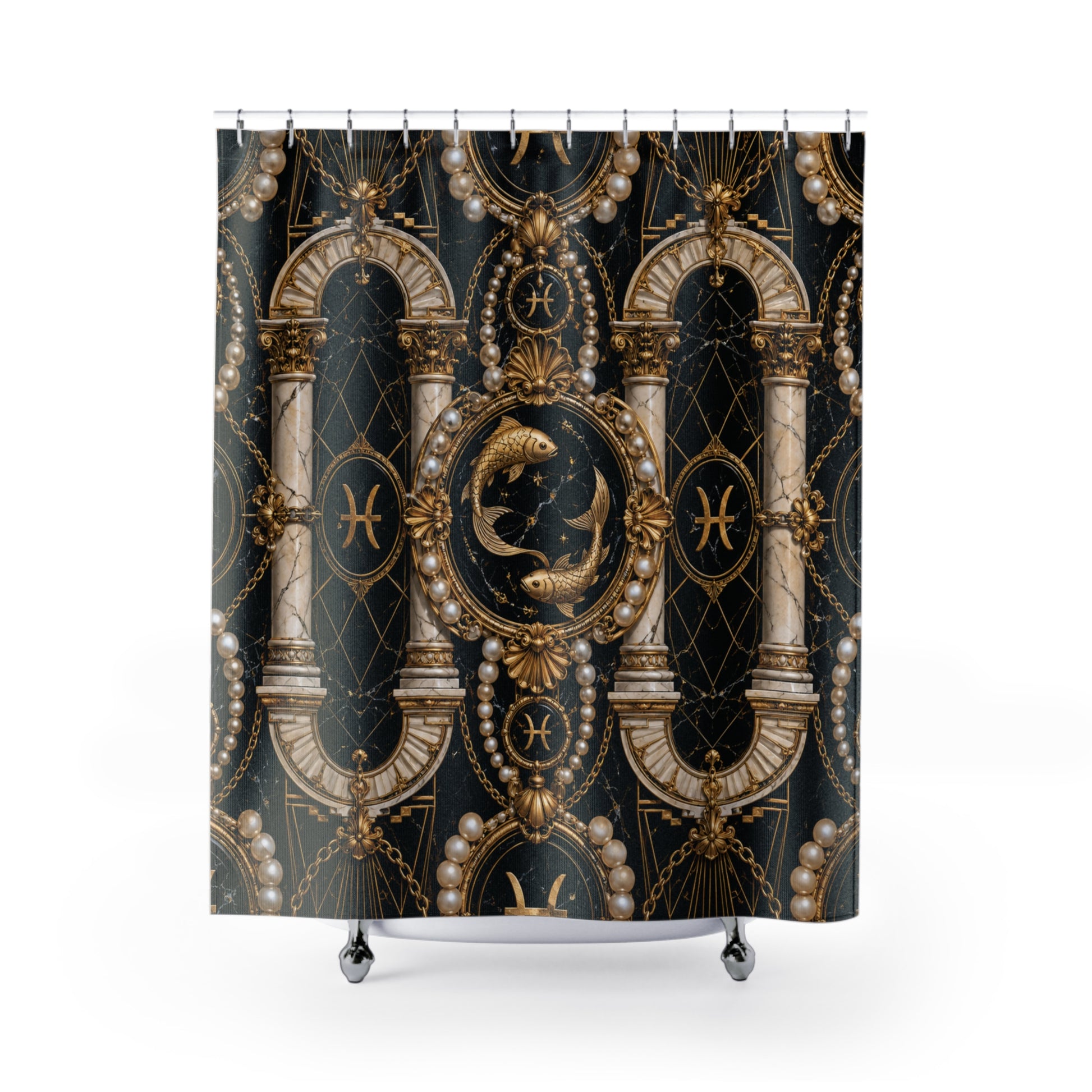 Decorative shower curtain with classical architecture and celestial design on a black background