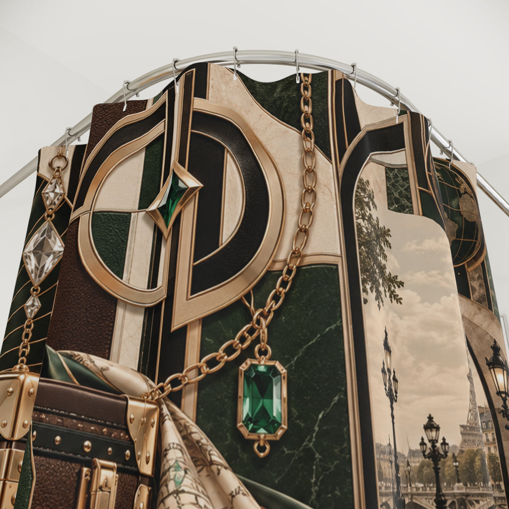 A close-up of a luxury fashion display featuring a large Art Deco style backdrop with green marble textures, gold geometric lines, and a hanging emerald-cut green gem pendant on a gold chain.
