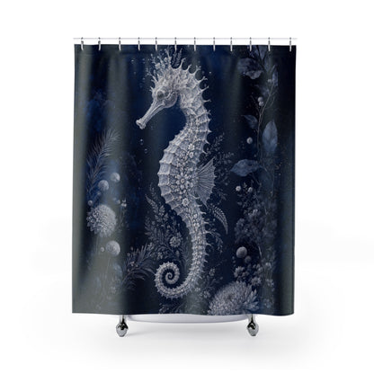 A shower curtain featuring a detailed white seahorse and sea plant design on a dark navy blue background, shown hanging from silver hooks with a white tub edge visible at the bottom.