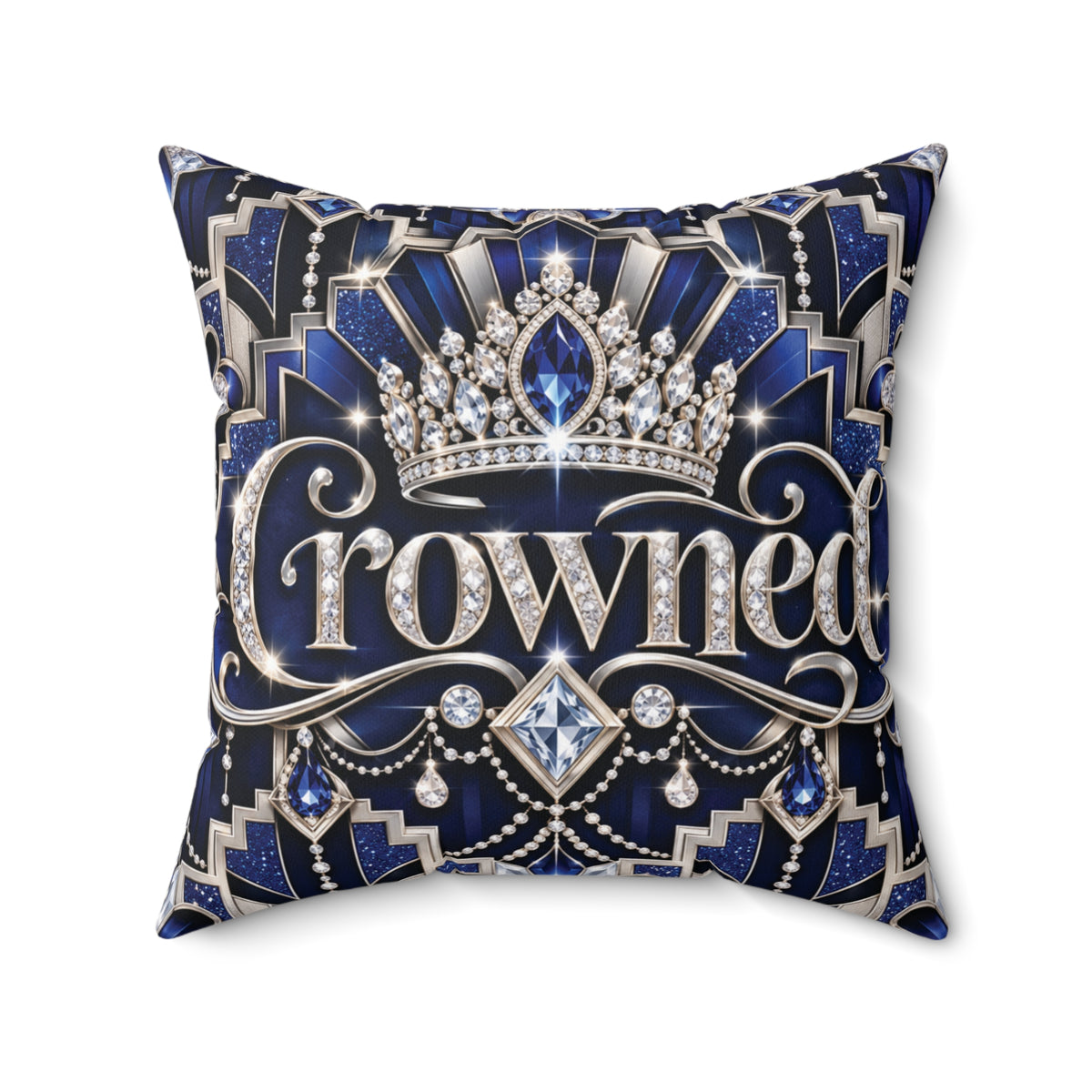 Crowned Sapphire Luxe Throw Pillow | Royal Blue, Silver & Crystal Art Deco Pillow