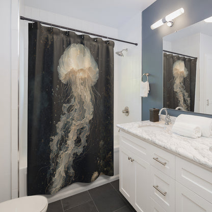 A bathroom scene showing a black shower curtain with a large cream jellyfish print hanging over a bathtub. A white vanity with a marble countertop, mirror, and wall light are visible to the right.