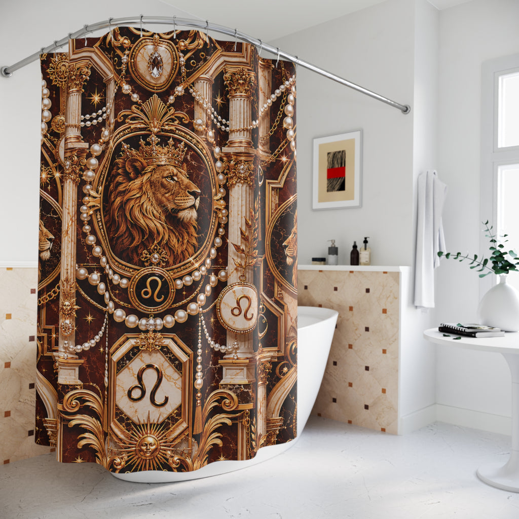Decorative shower curtain with lion Luxury Leo Zodiac design in a bathroom setting